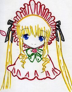 Rating: Safe Score: 0 Tags: 1girl blonde_hair blue_eyes bonnet drill_hair flower image long_hair looking_at_viewer marker_(medium) photo red_flower rose shinku simple_background smile solo traditional_media twintails white_background User: admin
