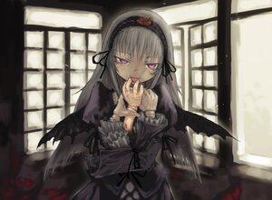 Rating: Safe Score: 0 Tags: 1girl doll_joints dress frilled_sleeves frills gothic hairband image indoors joints kikai_(akita_morgue) long_hair long_sleeves looking_at_viewer pink_eyes rozen_maiden silver_hair solo suigintou tongue tongue_out wings User: admin