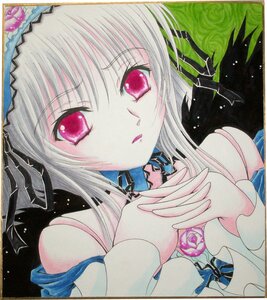 Rating: Safe Score: 0 Tags: 1girl bare_shoulders flower hairband image looking_at_viewer marker_(medium) millipen_(medium) pink_eyes rose shikishi silver_hair solo suigintou traditional_media User: admin
