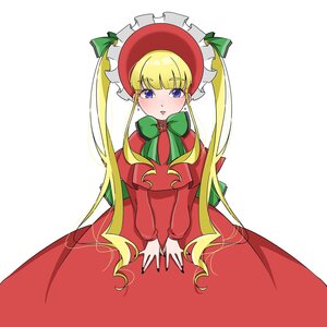 Rating: Safe Score: 0 Tags: 1girl bangs blonde_hair blue_eyes blush bonnet bow bowtie capelet dress eyebrows_visible_through_hair green_bow green_neckwear image long_hair long_sleeves looking_at_viewer red_dress shinku solo twintails v_arms very_long_hair white_background User: admin