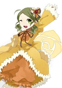 Rating: Safe Score: 0 Tags: 1girl bow dress drill_hair food green_eyes green_hair hair_ornament image kanaria long_sleeves one_eye_closed open_mouth ribbon short_hair smile solo twin_drills User: admin