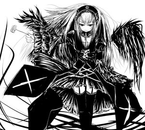 Rating: Safe Score: 0 Tags: 1girl black_wings dress feathered_wings frills greyscale hairband image lolita_hairband long_hair long_sleeves looking_at_viewer monochrome rose solo suigintou thighhighs wings User: admin