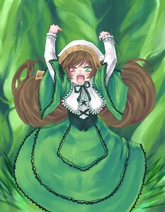 Rating: Safe Score: 0 Tags: 1girl brown_hair collar dress drill_hair frills green_dress green_eyes heterochromia image long_hair long_sleeves looking_at_viewer open_mouth red_eyes solo suiseiseki twintails very_long_hair User: admin