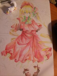 Rating: Safe Score: 0 Tags: 1girl blonde_hair blue_eyes bonnet bow bowtie dress flower image long_hair long_sleeves looking_at_viewer photo pink_bow red_dress rose shinku solo standing traditional_media User: admin