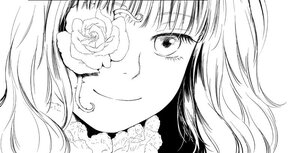 Rating: Safe Score: 0 Tags: 1girl bangs closed_mouth flower greyscale image kirakishou long_hair looking_at_viewer monochrome rose simple_background smile solo white_background User: admin