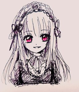 Rating: Safe Score: 0 Tags: 1girl bangs eyebrows_visible_through_hair hairband image long_hair looking_at_viewer pink_eyes ribbon simple_background smile solo suigintou traditional_media User: admin