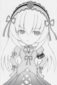 Rating: Safe Score: 0 Tags: 1girl closed_mouth dress eyebrows_visible_through_hair greyscale hair_ribbon hairband image long_hair looking_at_viewer monochrome ribbon solo suigintou traditional_media User: admin