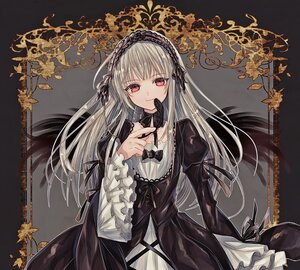 Rating: Safe Score: 0 Tags: 1girl bangs black_dress black_ribbon closed_mouth dress eyebrows_visible_through_hair finger_to_mouth flower frills gothic_lolita hairband image juliet_sleeves lolita_fashion long_hair long_sleeves looking_at_viewer red_eyes ribbon rose silver_hair smile solo suigintou wide_sleeves User: admin