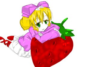 Rating: Safe Score: 0 Tags: 1girl blonde_hair bow dress food fruit green_eyes hair_bow hina_ichigo hinaichigo image lying pink_bow short_hair solo striped User: admin