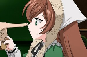 Rating: Safe Score: 0 Tags: 1girl braid brown_hair dress frills from_side green_background green_eyes image long_hair neck_ribbon profile ribbon solo suiseiseki twin_braids User: admin