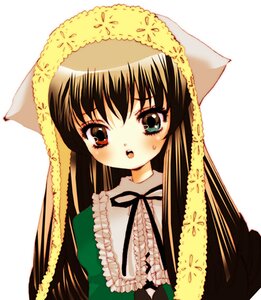 Rating: Safe Score: 0 Tags: 1girl :o blush brown_hair dress green_dress image lace long_hair long_sleeves looking_at_viewer open_mouth simple_background solo suiseiseki upper_body white_background User: admin