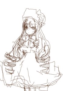 Rating: Safe Score: 0 Tags: 1girl bow bowtie dress hat image long_hair long_sleeves looking_at_viewer monochrome shinku simple_background sketch solo standing white_background User: admin