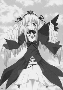 Rating: Safe Score: 0 Tags: 1girl blush detached_collar dress frills greyscale hairband image long_hair long_sleeves looking_at_viewer monochrome one_eye_closed smile solo standing suigintou wings User: admin