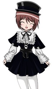 Rating: Safe Score: 0 Tags: 1girl :d ^_^ ^o^ black_dress blush brown_hair capelet closed_eyes cowboy_shot dress hat image long_sleeves open_mouth pantyhose short_hair simple_background smile solo souseiseki white_background white_legwear User: admin