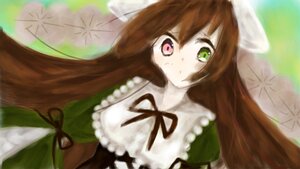 Rating: Safe Score: 0 Tags: 1girl brown_hair dress frills green_eyes heterochromia image long_hair long_sleeves looking_at_viewer red_eyes ribbon solo suiseiseki very_long_hair User: admin