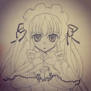 Rating: Safe Score: 0 Tags: 1girl bowtie drill_hair frills hair_ribbon image long_hair long_sleeves looking_at_viewer monochrome own_hands_together ribbon shinku solo traditional_media twin_drills upper_body User: admin