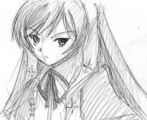 Rating: Safe Score: 0 Tags: 1girl greyscale image long_hair looking_at_viewer monochrome ribbon simple_background sketch solo suiseiseki upper_body white_background User: admin