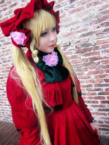 Rating: Safe Score: 0 Tags: 1girl bangs blonde_hair blue_eyes bonnet bow dress eyelashes flower lips long_hair red_dress rose shinku solo traditional_media User: admin