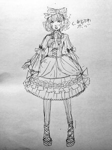 Rating: Safe Score: 0 Tags: 1girl animal_ears auto_tagged blush bow cat_ears dress full_body greyscale hat hinaichigo image long_sleeves monochrome open_mouth shoes short_hair sketch solo standing User: admin