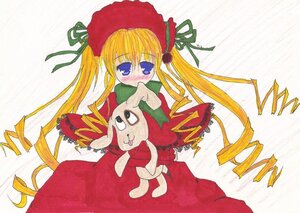 Rating: Safe Score: 0 Tags: 1girl blonde_hair blue_eyes blush bonnet cowboy_shot dress drill_hair green_bow hat holding image long_hair long_sleeves looking_at_viewer marker_(medium) red_dress shinku simple_background solo traditional_media very_long_hair white_background User: admin