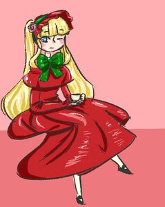 Rating: Safe Score: 0 Tags: 1girl blonde_hair blue_eyes blush bonnet bow bowtie dress flower full_body green_bow image long_hair long_sleeves one_eye_closed pink_background red_dress rose shinku shoes simple_background solo very_long_hair User: admin