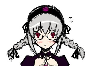 Rating: Safe Score: 0 Tags: 1girl black_ribbon blush braid flying_sweatdrops glasses hairband image long_hair long_sleeves looking_at_viewer ribbon silver_hair simple_background solo suigintou twin_braids upper_body white_background User: admin