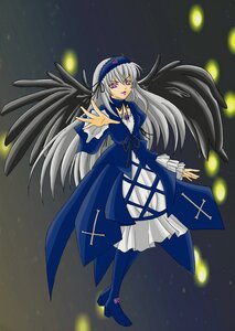 Rating: Safe Score: 0 Tags: 1girl black_wings dress frills full_body image long_hair long_sleeves looking_at_viewer outstretched_hand purple_eyes ribbon silver_hair solo suigintou wings User: admin