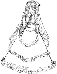 Rating: Safe Score: 0 Tags: 1girl dress frills full_body greyscale hairband image lolita_hairband long_hair long_sleeves looking_at_viewer monochrome ribbon simple_background sketch smile solo standing suiseiseki very_long_hair white_background User: admin