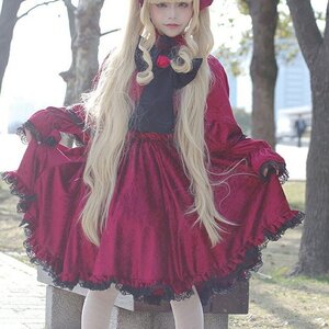 Rating: Safe Score: 0 Tags: 1girl blonde_hair blurry cape closed_mouth dress flower long_hair looking_at_viewer red_dress shinku solo User: admin