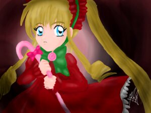 Rating: Safe Score: 0 Tags: 1girl bangs blonde_hair blue_eyes bonnet bow bowtie dress frills green_bow holding image long_hair long_sleeves looking_at_viewer red_dress shinku sidelocks solo twintails User: admin