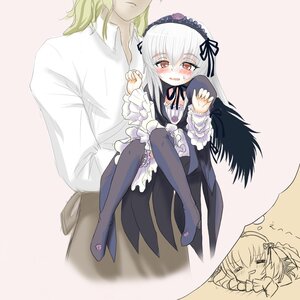 Rating: Safe Score: 0 Tags: 1boy 1girl blonde_hair blush commentary_request dreaming dress frills gothic_lolita hairband image ishikkoro lolita_fashion lolita_hairband long_hair open_mouth red_eyes rozen rozen_maiden saliva silver_hair smile solo suigintou thighhighs wings User: admin