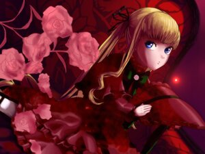 Rating: Safe Score: 0 Tags: 1girl blonde_hair blue_eyes dress flower hair_ribbon hat image long_hair looking_at_viewer pink_flower pink_rose red_dress ribbon rose shinku sitting solo twintails User: admin