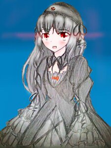 Rating: Safe Score: 0 Tags: 1girl blue_background blush dress frills image long_hair long_sleeves open_mouth red_eyes smile solo suigintou veil User: admin