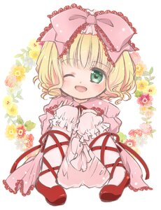 Rating: Safe Score: 0 Tags: 1girl ;d blonde_hair bloomers blush bow dress floral_background flower frills full_body green_eyes hair_bow hina_ichigo hinaichigo image looking_at_viewer one_eye_closed open_mouth pink_bow pink_dress pink_footwear puffy_sleeves ribbon shoes short_hair sitting smile solo striped vertical_stripes wavy_hair User: admin
