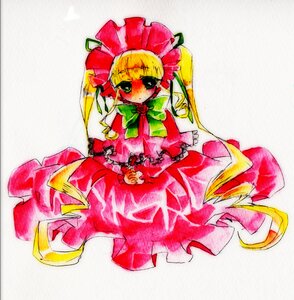 Rating: Safe Score: 0 Tags: 1girl auto_tagged blonde_hair bonnet bow bowtie dress flower frills full_body green_bow image long_hair long_sleeves looking_at_viewer marker_(medium) red_dress rose shinku simple_background solo traditional_media twintails very_long_hair User: admin