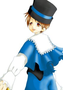 Rating: Safe Score: 0 Tags: 1girl :d blue_dress blue_headwear brown_eyes brown_hair capelet hat image long_sleeves looking_at_viewer looking_back open_mouth simple_background smile solo souseiseki striped top_hat white_background User: admin