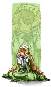 Rating: Safe Score: 0 Tags: 1girl blush closed_eyes dress frills green_dress head_scarf image long_hair long_sleeves open_mouth sitting solo suiseiseki tears very_long_hair User: admin