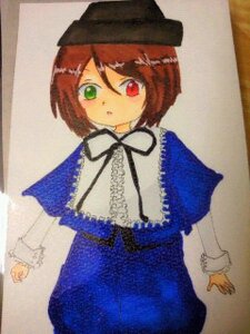 Rating: Safe Score: 0 Tags: 1girl blue_dress brown_hair capelet dress green_eyes hat heterochromia image long_sleeves looking_at_viewer red_eyes ribbon short_hair simple_background solo souseiseki traditional_media white_background User: admin