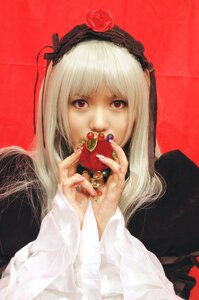 Rating: Safe Score: 0 Tags: 1girl flower food fruit hairband holding holding_food holding_fruit long_hair looking_at_viewer red_background red_eyes red_flower red_rose rose simple_background solo suigintou white_hair User: admin