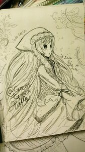 Rating: Safe Score: 0 Tags: 1girl auto_tagged braid dress frills hat image long_hair long_sleeves monochrome solo suiseiseki traditional_media very_long_hair User: admin