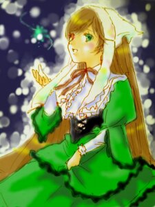 Rating: Safe Score: 0 Tags: 1girl blonde_hair blurry brown_hair cup depth_of_field dress frills green_dress green_eyes image long_hair long_sleeves solo suiseiseki very_long_hair User: admin