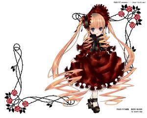 Rating: Safe Score: 0 Tags: 1girl blonde_hair blue_eyes bonnet bow copyright_name dress flower full_body image long_hair long_sleeves looking_at_viewer red_dress red_flower red_rose rose shinku solo standing twintails very_long_hair User: admin
