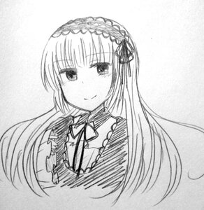 Rating: Safe Score: 0 Tags: 1girl bangs closed_mouth dress eyebrows_visible_through_hair flower greyscale hairband image lolita_hairband long_hair long_sleeves looking_at_viewer monochrome ribbon simple_background smile solo suigintou upper_body User: admin