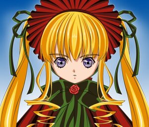 Rating: Safe Score: 0 Tags: 1girl auto_tagged bangs blonde_hair blue_eyes bonnet dress flower green_bow hair_ribbon image long_hair long_sleeves looking_at_viewer ribbon rose shinku simple_background solo twintails User: admin