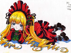 Rating: Safe Score: 0 Tags: 1girl bangs black_footwear blonde_hair blue_eyes blush bonnet bow bowtie chin_rest dated dress flower frills green_bow image long_hair long_sleeves looking_at_viewer lying marker_(medium) on_stomach red_dress red_flower rose shinku signature solo traditional_media User: admin