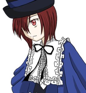 Rating: Safe Score: 0 Tags: 1girl blue_dress blue_headwear bow closed_mouth dress frills hair_over_one_eye hat image long_sleeves red_eyes red_hair ribbon short_hair simple_background solo souseiseki upper_body white_background User: admin
