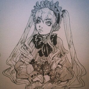 Rating: Safe Score: 0 Tags: 1girl bow dress flower frills holding image long_hair long_sleeves monochrome rose shinku simple_background solo suigintou traditional_media upper_body very_long_hair User: admin