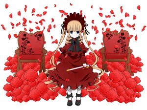 Rating: Safe Score: 0 Tags: 1girl blonde_hair blue_eyes bonnet bow capelet dress flower image long_hair petals red_dress red_flower red_rose rose rose_petals shinku sitting solo striped twintails User: admin