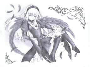 Rating: Safe Score: 0 Tags: 1girl dress feathered_wings feathers hairband image kneehighs long_hair long_sleeves looking_at_viewer monochrome sitting solo suigintou traditional_media wings User: admin