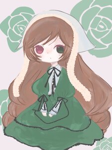 Rating: Safe Score: 0 Tags: 1girl bangs brown_hair dress flower frills green_dress green_eyes heterochromia image long_hair long_sleeves looking_at_viewer red_eyes rose solo suiseiseki very_long_hair User: admin